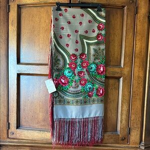 Large Floral Scarf with Fringe and Teal and Fuchsia Flower Blooms